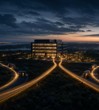 Business building connected by separate network pathways for redundancy planning