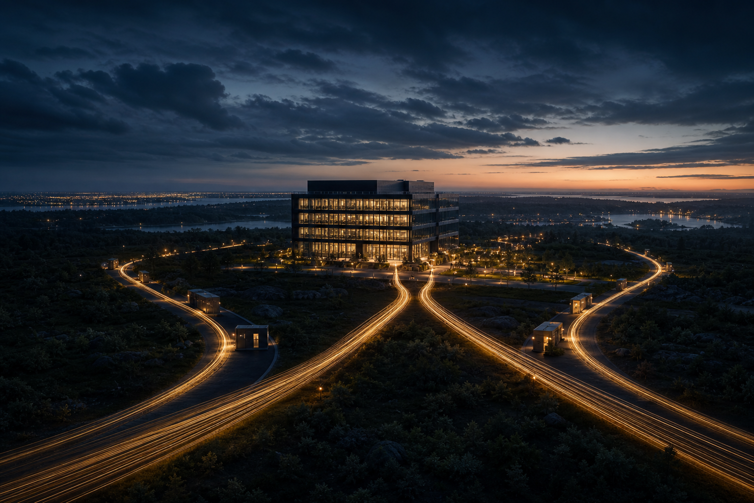 Business building connected by separate network pathways for redundancy planning