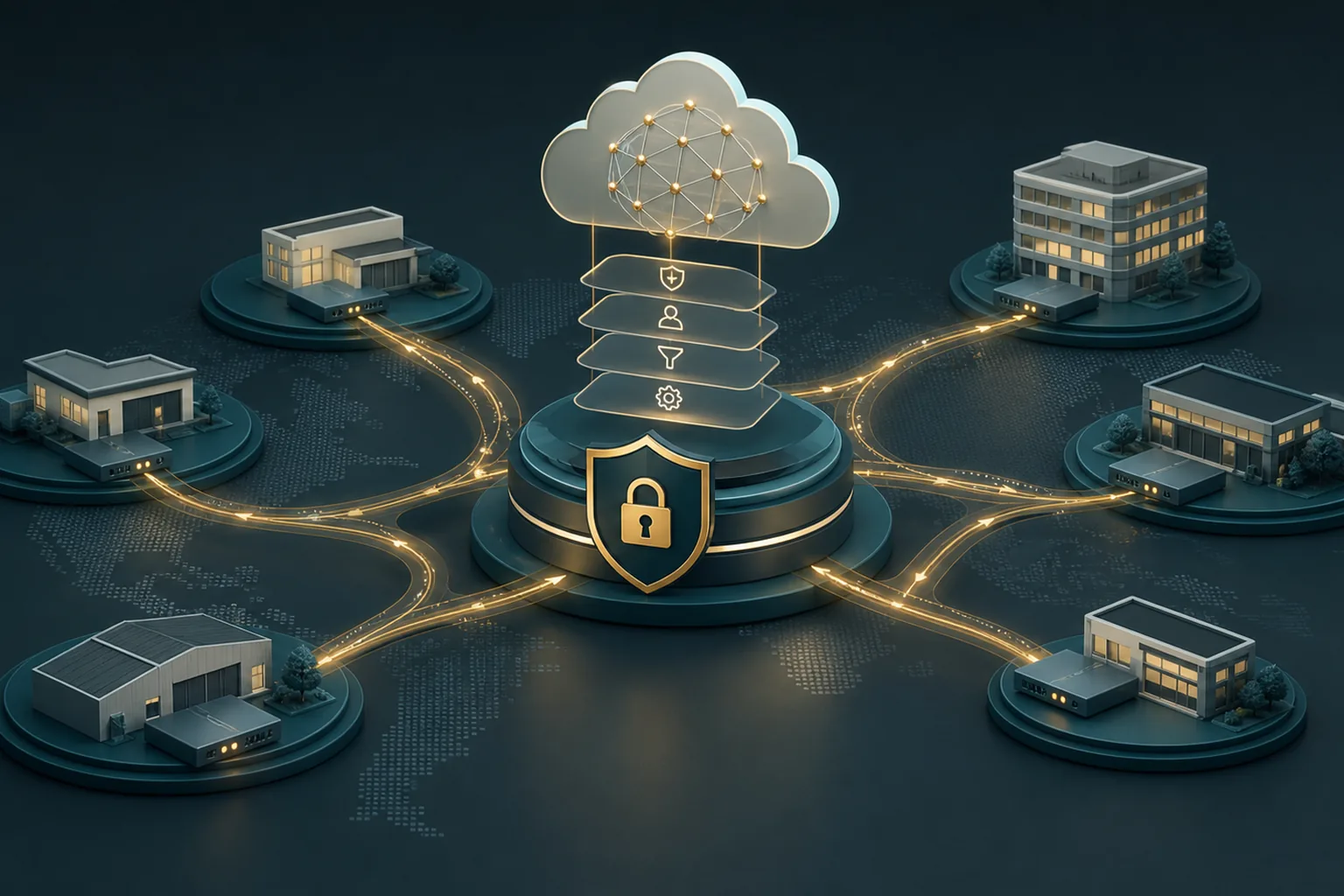 Multi-site network operations view connecting branches through secure managed networking