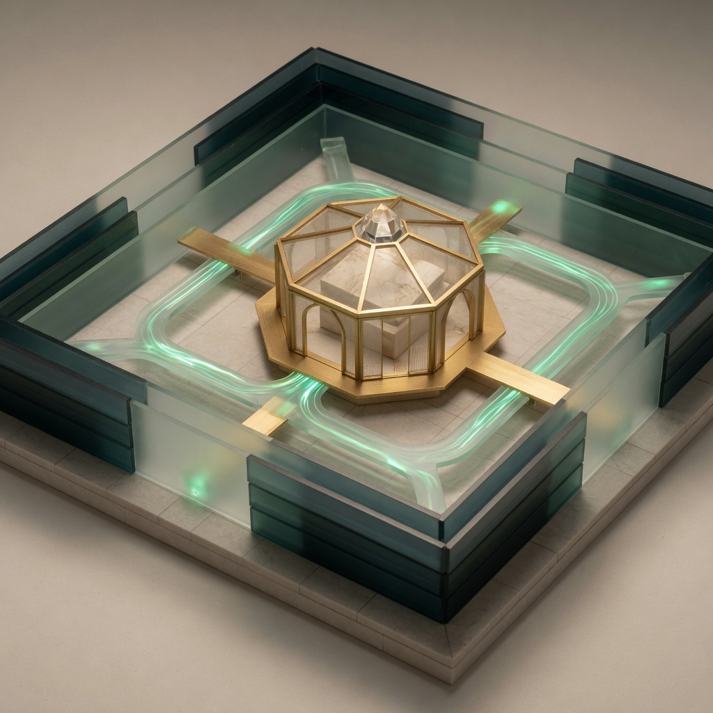 Architectural visualization of layered security boundaries protecting business data pathways